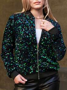 Women's Sparkly Sequin Jacket Glitter Long Sleeves Front Zip Up Bomber Jacket With Ribbed Cuffs - màu xanh lá - Xem 3
