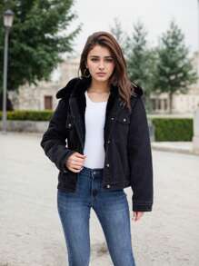 Women's Denim Jacket With Removable Fur Collar - Stylish Fur Lined Denim Coat For Versatile Fashion. - Black 2 - View 3