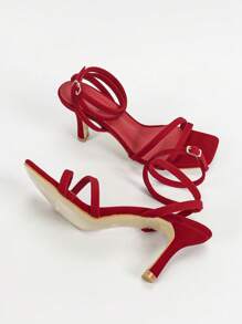 女士时尚高跟凉鞋，踝带细高跟鞋，露趾交叉带凉鞋 - 紅色 - 查看 3