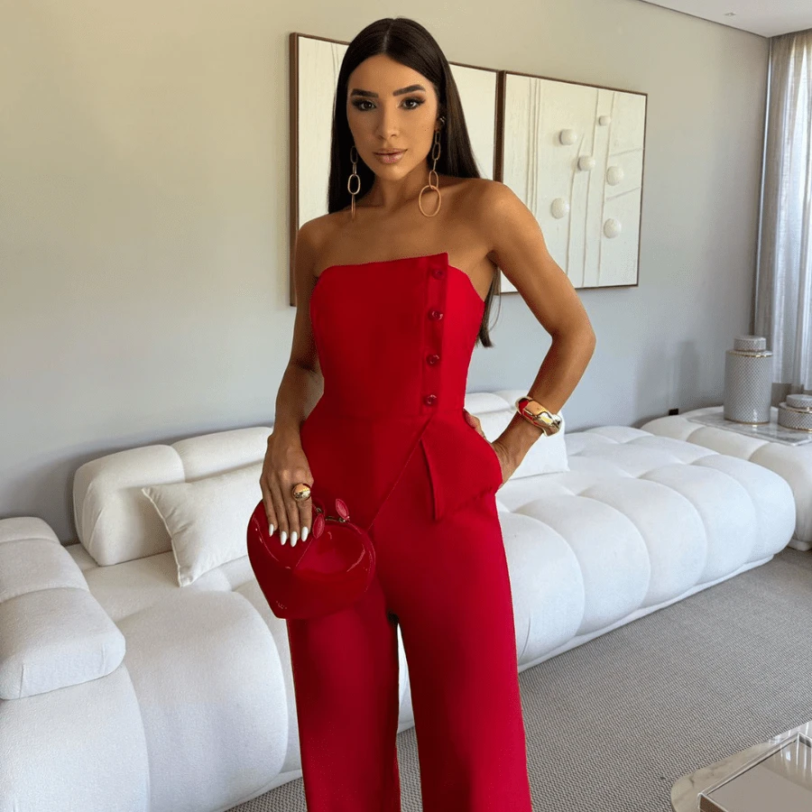 TPM Long Jumpsuit In Structured Tailored Fabric With Elegant And Timeless Cuts - Đỏ - Xem 1