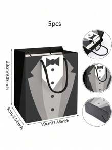 1/5 件带手柄的伴郎礼品袋，9 英寸 X 7.5 英寸 X 3.5 英寸黑色领带衬衫燕尾服图案牛皮纸礼品包装袋，适用于求婚、周年庆典、父亲节、情人节和订婚派对回礼装饰 - 彩色 - 查看 9