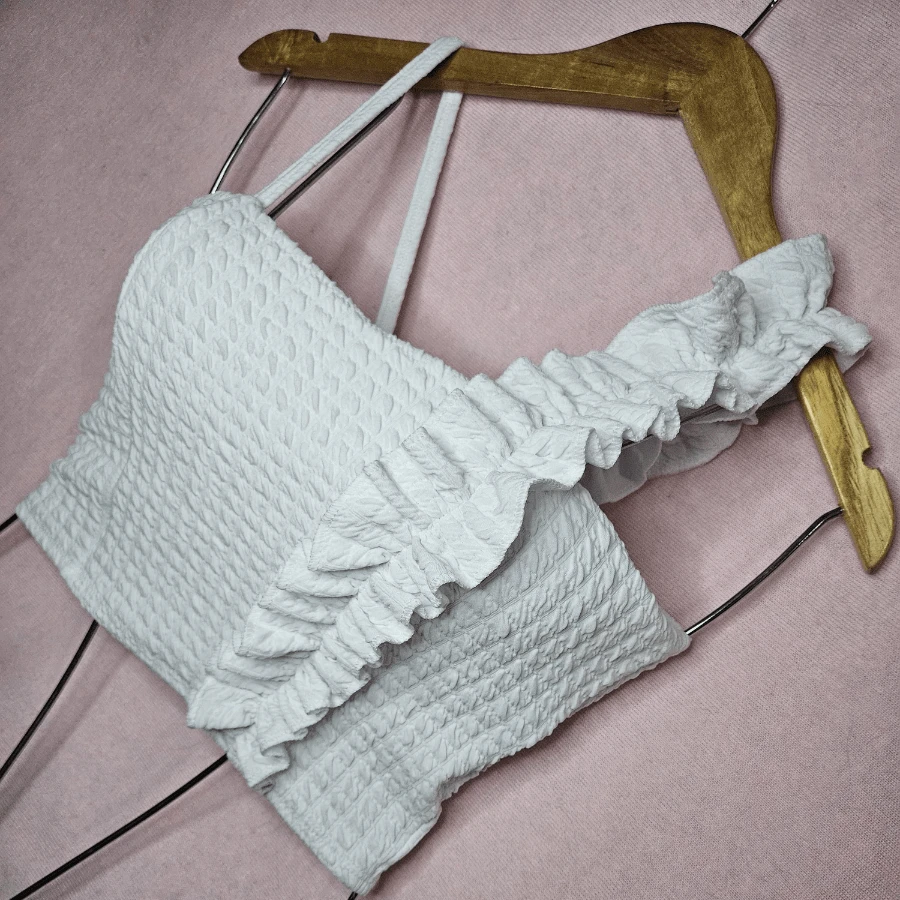 Bubble Fabric Crop Top With Ruffle Detail On The Strap - 白色 - 查看 1