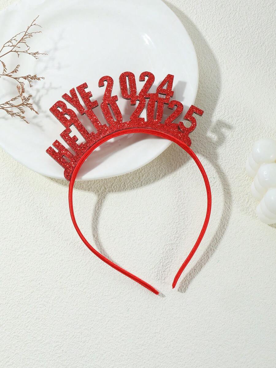 1 件红色“再见 2024,你好 2025”闪光字母头带,新年派对时尚单品 - 紅色 - 查看 1