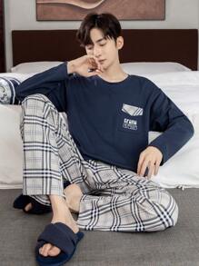 QIANNIANMA Herren Pyjama Set mit Langarmshirt und karierten Hosen, bequemer und hautfreundlicher Stil Herren Pyjama für kuscheligen Loungewear
