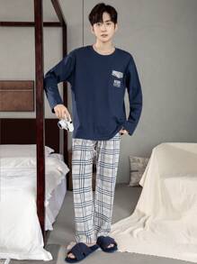 QIANNIANMA Herren Pyjama Set mit Langarmshirt und karierten Hosen, bequemer und hautfreundlicher Stil Herren Pyjama für kuscheligen Loungewear