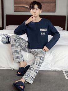QIANNIANMA Herren Pyjama Set mit Langarmshirt und karierten Hosen, bequemer und hautfreundlicher Stil Herren Pyjama für kuscheligen Loungewear