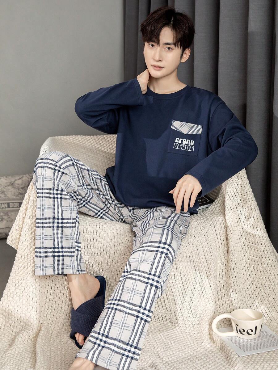 QIANNIANMA Herren Pyjama Set mit Langarmshirt und karierten Hosen, bequemer und hautfreundlicher Stil Herren Pyjama für kuscheligen Loungewear