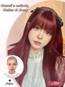 红色长直假发，26 英寸合成纤维长直发，刘海为勃艮第棕色，由纤维制成，适合日常使用，自然逼真的假发。