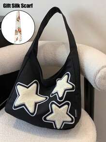 Large Capacity Canvas Bag, New Shoulder Crossbody Tote Bag, Fashionable For Students, Commuting - Black + Scarf - View 1