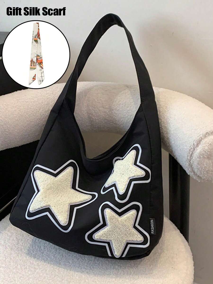 Large Capacity Canvas Bag, New Shoulder Crossbody Tote Bag, Fashionable For Students, Commuting - Black + Scarf - View 1