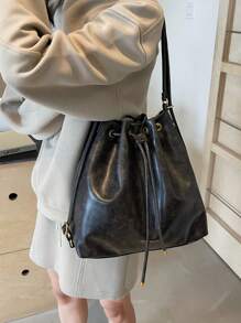 New Large Capacity Soft PU Leather Drawstring Backpack Shoulder Bag Crossbody Bucket Bag For Women - Black - View 3