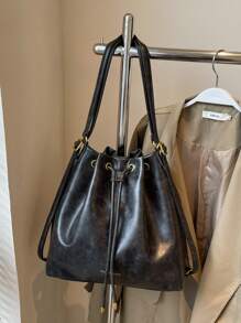 New Large Capacity Soft PU Leather Drawstring Backpack Shoulder Bag Crossbody Bucket Bag For Women - Black - View 6