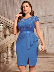 Plus Sequin Lace Bodice Ruffle Split Thigh Wrap Hem Cocktail Party Bodycon Dress, Valentine's Day Dress, Summer Dress, Evening Party Dress, Graduation Dress, For Birthday, Wedding Guest, Homecoming - Blue - View 7