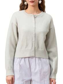 Women's Crop Knit Cardigan Solid Color Crew Neck Button Down Long Sleeve Tops For Fall Winter