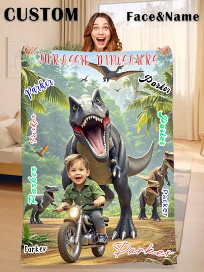 1pc Customized Face/Name Blanket, Personalized Face/Name Blanket For Christmas Gifts, Personalized Christmas Bedding Blanket, Dinosaur Background Blanket, Blanket Use For Bedding/Sofa/Indoor/Outdoor, Friend Gift, Family Gift, Birthday Gifts, Gift For Friend, Gift For Her, Gift For Girlfriend, Gift For Boy Washable Cute Custom