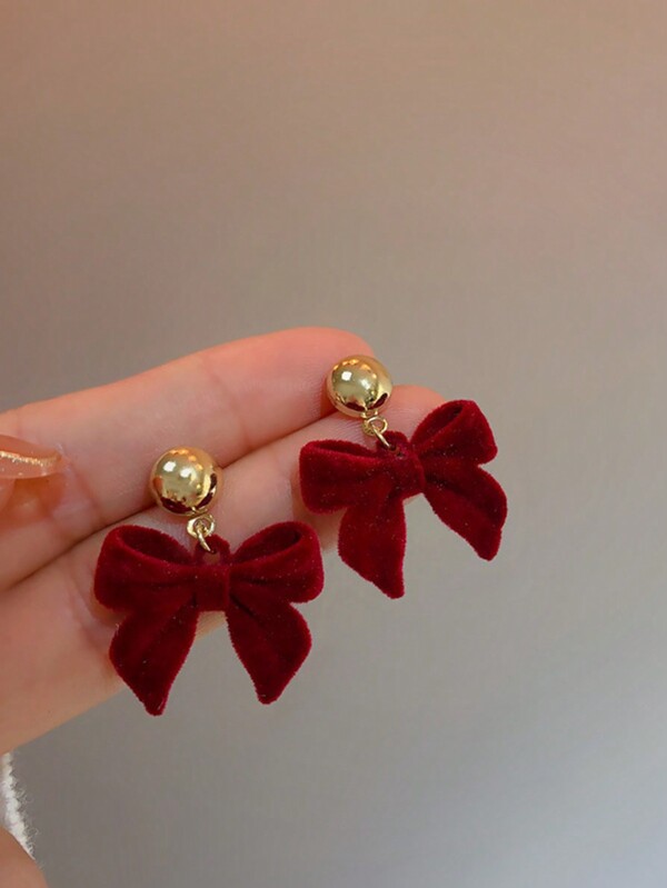 1 Pair Red Plush Bow Metal Cute Sweet Retro Fashion Elegant Earrings Suitable For Women's New Year, Christmas, Valentine's Day, Wedding, Daily, Festival Wear Valentines