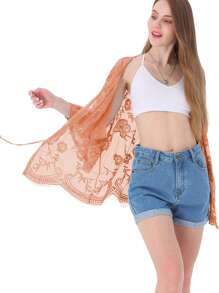 Womens Long Embroidered Lace Kimono Cardigan With Half Sleeves - 橘色 - 查看 6