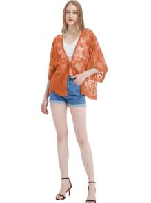 Womens Long Embroidered Lace Kimono Cardigan With Half Sleeves - 橘色 - 查看 5