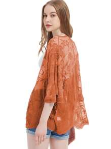 Womens Long Embroidered Lace Kimono Cardigan With Half Sleeves - 橘色 - 查看 3