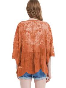 Womens Long Embroidered Lace Kimono Cardigan With Half Sleeves - 橘色 - 查看 2