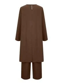 Women's Solid Color Long Sleeve Top And Pants Casual Arabic Style Set, Modest - Coffee Brown - View 3