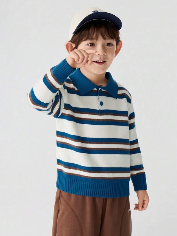 Balabala Young Boys' And Girls' Striped Polo Sweater, Loose Fit, Autumn/Winter Outfit