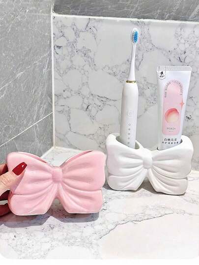 1pc Nordic Style Asymmetric Bow Toothbrush Holder, Electric Toothbrush Stand, Makeup Storage Rack, Toothbrush Organizer, Decorative Shelf For Home Desktop, Aesthetic Room Decor, Household Decoration, Space-Saving Organization, Kitchen, Bathroom, Bedroom Accessories Home Bathroom Decor Fall Decor Back To School