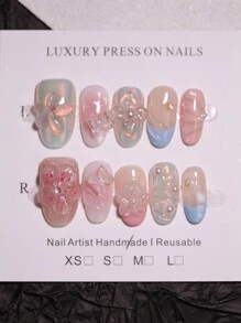10 uñas postizas ovaladas cortas reutilizables con diseño de flor 3D y patrón de cinta en múltiples colores de caramelo, hechas a mano, con decoraciones de lazos para diseños de arte de uñas para mujeres y niñas en todas las estaciones