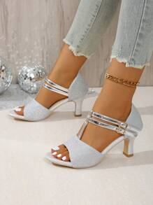 2025新款闪亮银色时尚双扣女士高跟鞋。亮片闪耀。舒适。露趾款式。时尚沙滩派对女士高跟鞋。银色高跟鞋。金色高跟鞋。黑色高跟鞋。 - 銀色 - 查看 3