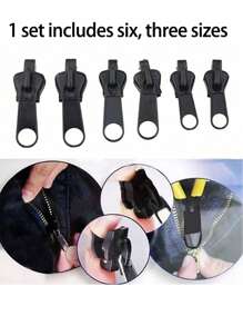 通用设计、多种尺寸的即时拉链修理套件，替换拉链，通用金属拉链替换拉链滑块，适用于拉链头 DIY 手工裁缝缝纫配件（颜色：黑色），1 套包含六个、三个尺寸