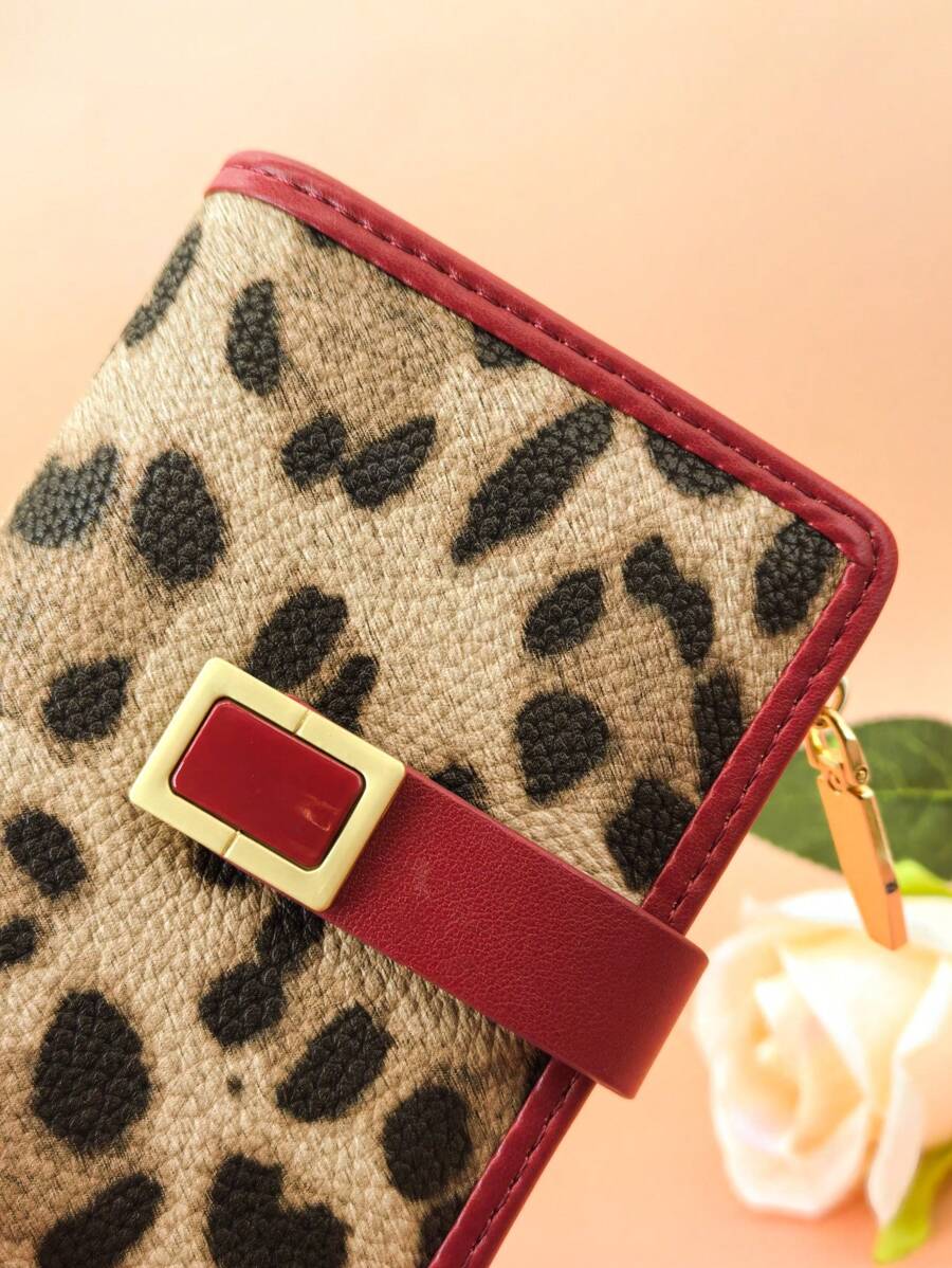 Women's Short Contrast Color Patchwork Wallet, Fashion Leopard Print Multi-Function Card Holder Pouch, Elegant Snap Closure Young Student Large Capacity Zipper Coin Purse, Lightweight Stylish Convenient Carry, Suitable As Holiday Gift - Red - View 1