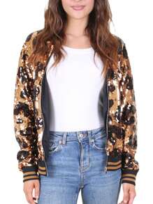 Womens Sequin Long Sleeve Front Zip Jacket With Ribbed Cuffs Bomber For Party - 豹 - 查看 3