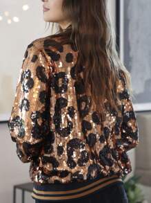 Womens Sequin Long Sleeve Front Zip Jacket With Ribbed Cuffs Bomber For Party - 豹 - 查看 9