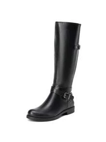 Women's Motorcycle Riding Boots Round Toe Side Zipper Low Block Heel Knee High Boots Fashionable Comfortable Buckle Decorated Biker Black Boots For Outdoor Casual