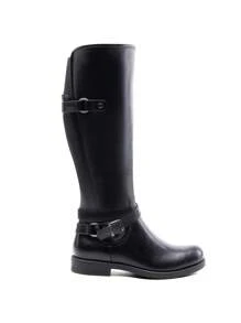 Women's Motorcycle Riding Boots Round Toe Side Zipper Low Block Heel Knee High Boots Fashionable Comfortable Buckle Decorated Biker Black Boots For Outdoor Casual