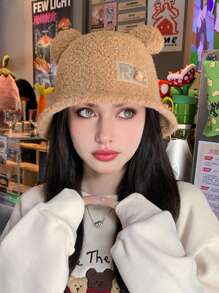 1 szt. Damska jednokolorowa czapka typu bucket, jesienno-zimowa ciepła wiatroszczelna czapka ochronna na uszy, duży rozmiar czapki, uroczy pluszowy miś, polarowa czapka dekoracyjna na uszy, odpowiednia na zewnątrz, zakupy, narciarstwo