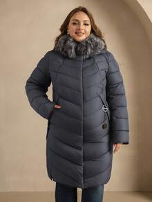 Astrid 大码拉链按扣毛绒装饰连帽加厚外套，适合冬季