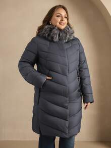 Astrid 大码拉链按扣毛绒装饰连帽加厚外套，适合冬季