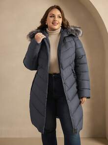 Astrid 大码拉链按扣毛绒装饰连帽加厚外套，适合冬季