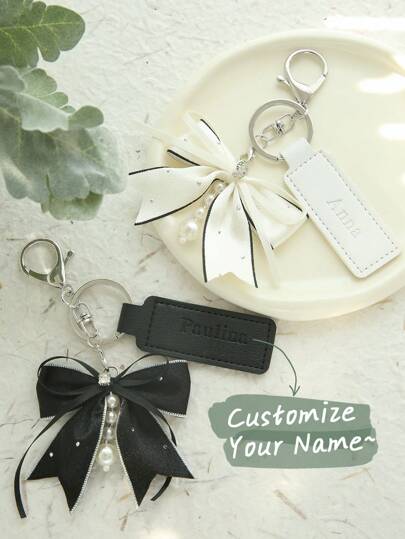 1 قطعة سلسلة مفاتيح مخصصة بشريط الدانتيل والاسم، سلسلة مفاتيح جلد نباتي مخصصة بالاسم مع خرز وشراشيب وفيونكة، قلادة حقيبة مزينة بالألماس، مزيج وتطابق سلسلة مفاتيح مخصصة، اكسسوارات حقيبة أنيقة، هدية للأصدقاء هدية عيد الحب