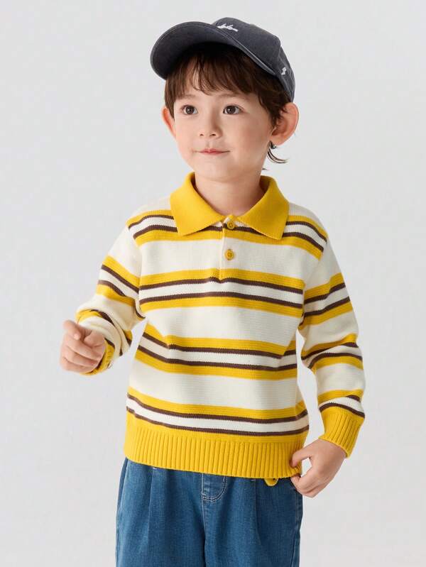 Balabala Suéter polo listrado para meninos e meninas, ajuste solto, roupa de outono/inverno