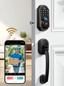 Arpha Keyless Entry Door Lock Deadbolt With Handle Set, 5 In 1 Smart WiFi Door Lock With Camera, Doorbell, Fingerprint, App Control, Electronic Keypad, Auto Lock, Waterproof
