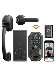 Arpha Keyless Entry Door Lock Deadbolt With Handle Set, 5 In 1 Smart WiFi Door Lock With Camera, Doorbell, Fingerprint, App Control, Electronic Keypad, Auto Lock, Waterproof