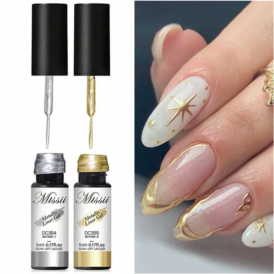 2pcs Y2K Metallic Painting Liner Gel Nail Polish Set, Gold Silver Gel Polish, Semi-Permanent Line UV Gel Nail Art Varnish For Painted Drawing French Nails Manicure Kit For Home Salon Diy Gift For Women - Nhiều màu - Xem 1
