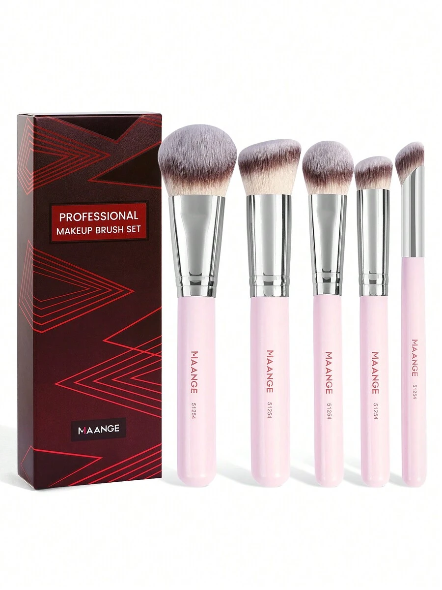MAANGE 5pcs Professional Facial Makeup Brush Set With Loose Powder Brush Blush Brush Foundation Brush Contour Brush Nose Contour Brush,Makeup Tools With Soft Fiber For Powder,Liquid,For Easy Carrying,Brush For Travel.Gift For Women&Girls - 粉色 - 查看 1