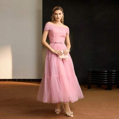 MOTF Soiréza MESH OVERLAY OFF SHOULDER RUCHED BODICE TIERED