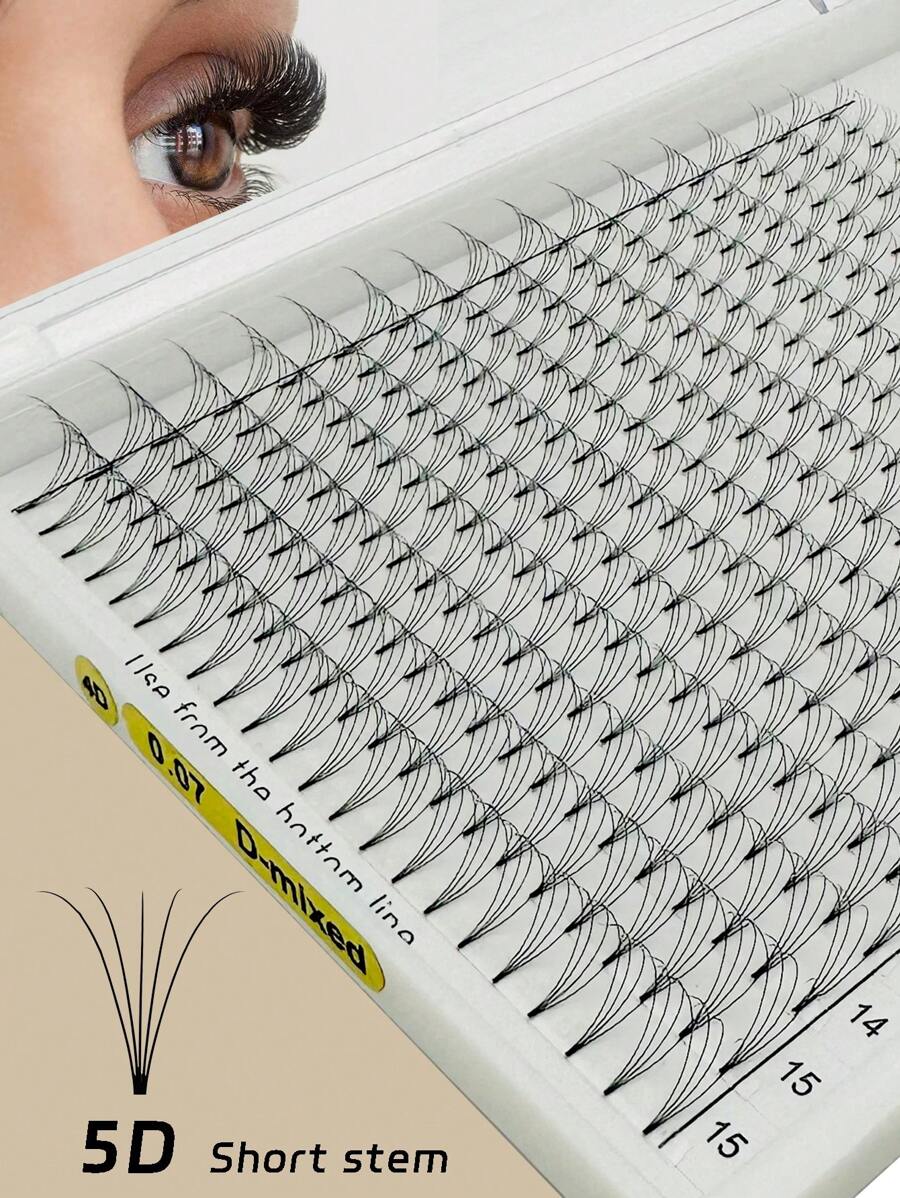 352Pcs 5D Eyelash Extension 3D/4D/6D Premade Fan Lashes, Short Stem, Super Black Color, D Curl, 0.07/0.10 Thickness, 8-15mm Mixed, Fluffy Eyelash Extension, Mink Lashes