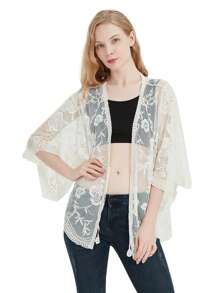Womens Long Embroidered Lace Kimono Cardigan With Half Sleeves - 米色 - 查看 1