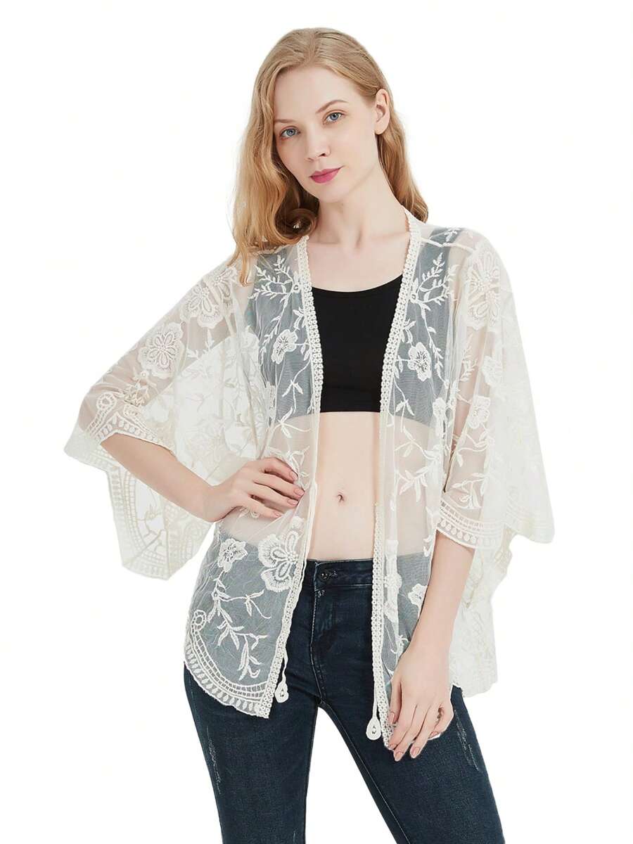 Womens Long Embroidered Lace Kimono Cardigan With Half Sleeves - 米色 - 查看 1