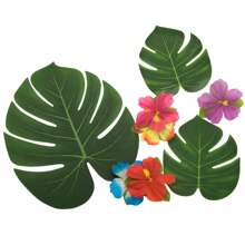 Tropical Palm Leaves Hibiscus Flowers Artificial Plant Turtle Leaf For Hawaiian Luau Jungle Wedding Summer Party Table Decor (The Color Of The Flowers Is Random), Valentine's Day, Gift Gifts Birthday Graduation
